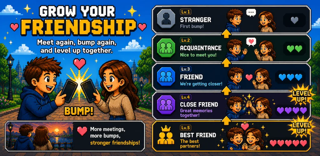 Grow your friendship — meet again, bump again, and level up from Stranger to Soul Mate.