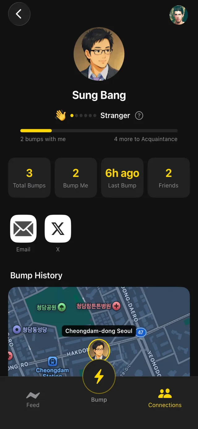 A DoubleBump connection profile with bump stats and history.