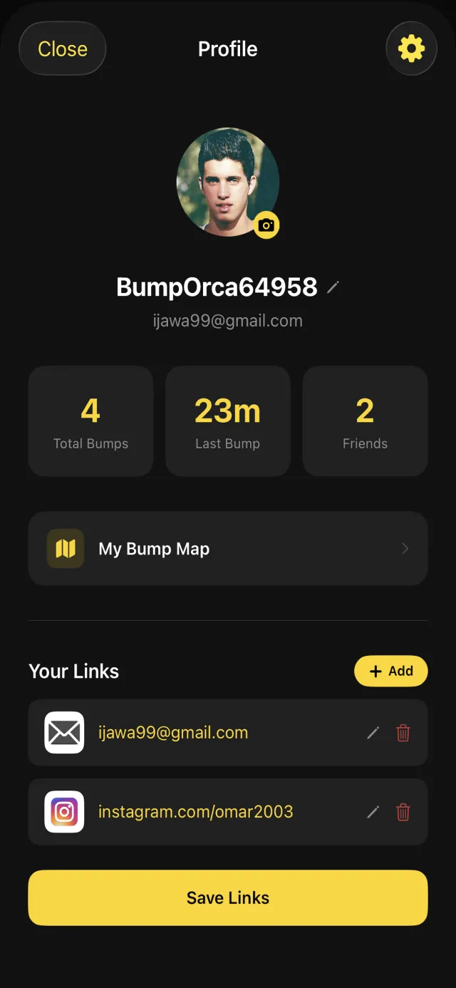 A DoubleBump user profile with bump stats and shareable links.