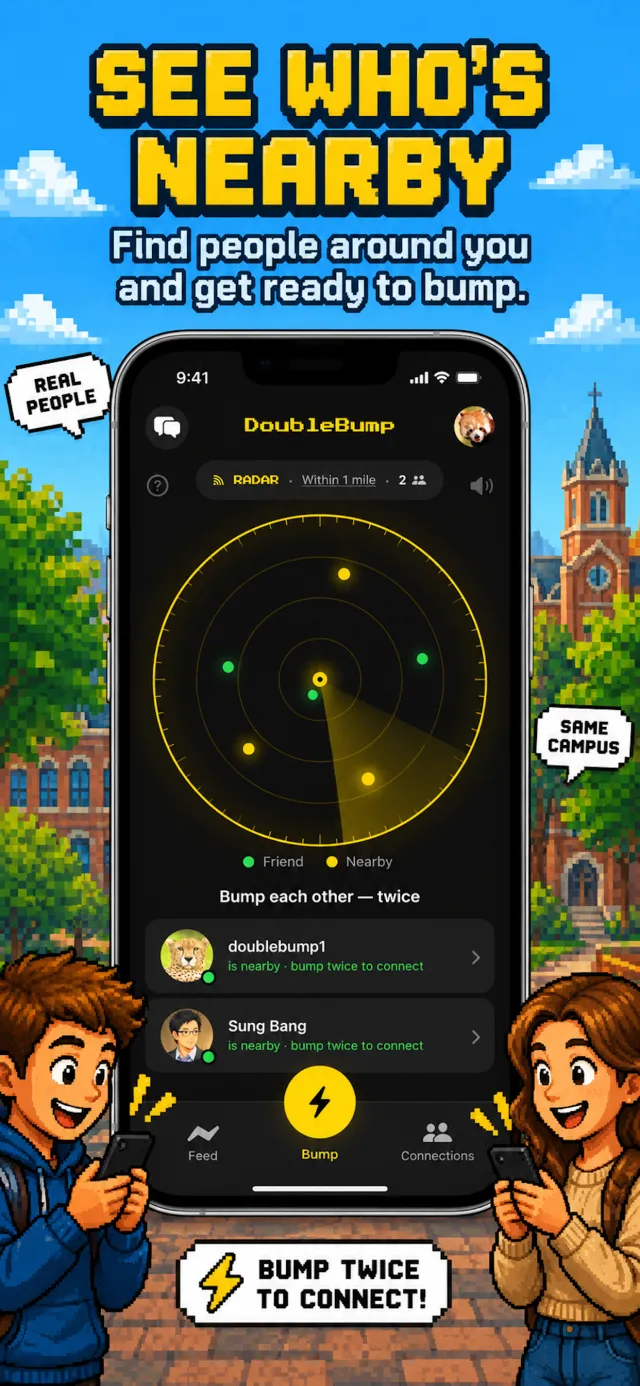 DoubleBump Radar screen showing real nearby people ready to bump.